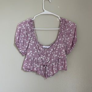 Purple and White Floral Blouse Crop Top